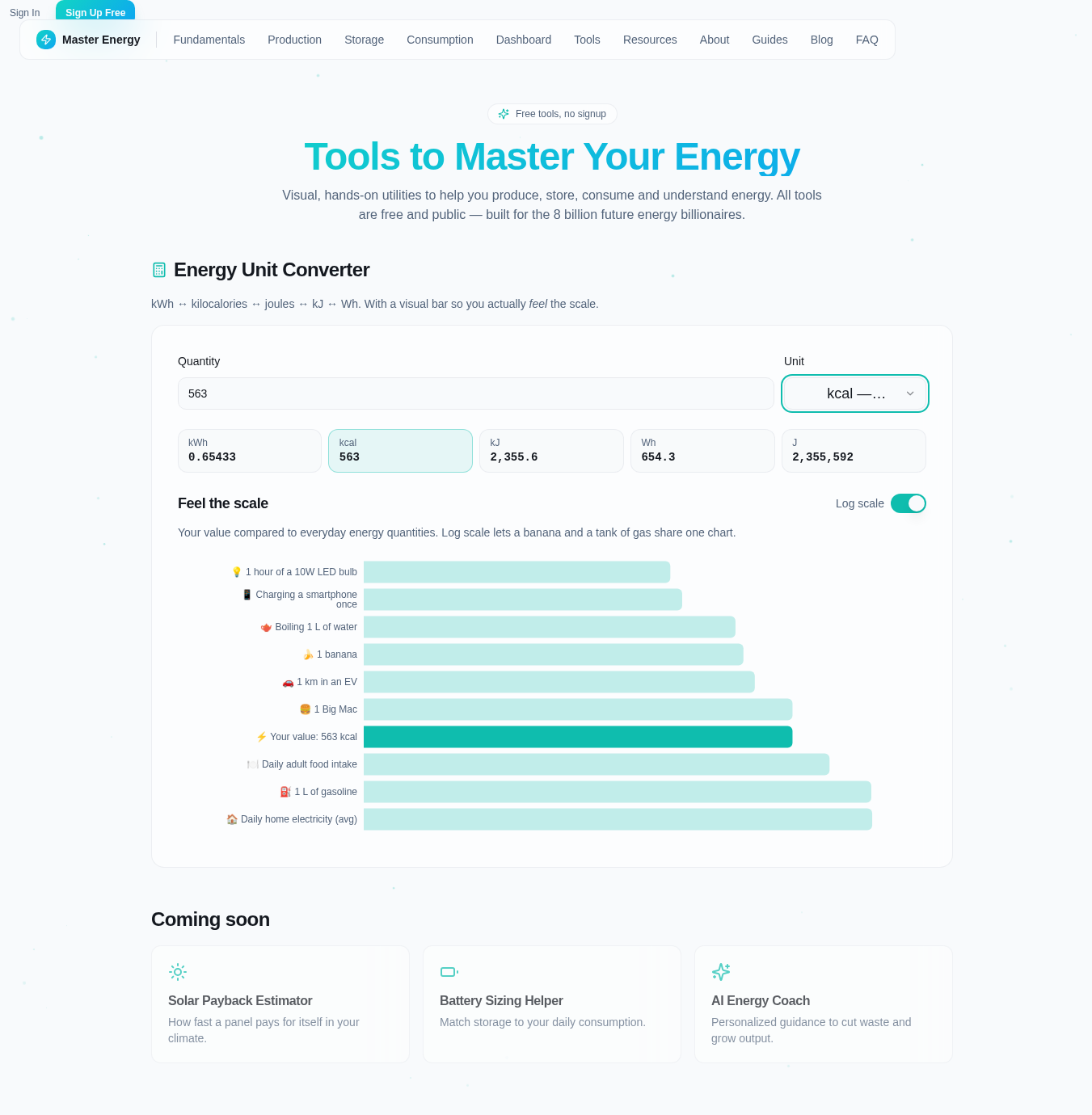 Energy Unit Converter on desktop with a Big Mac value highlighted against everyday references