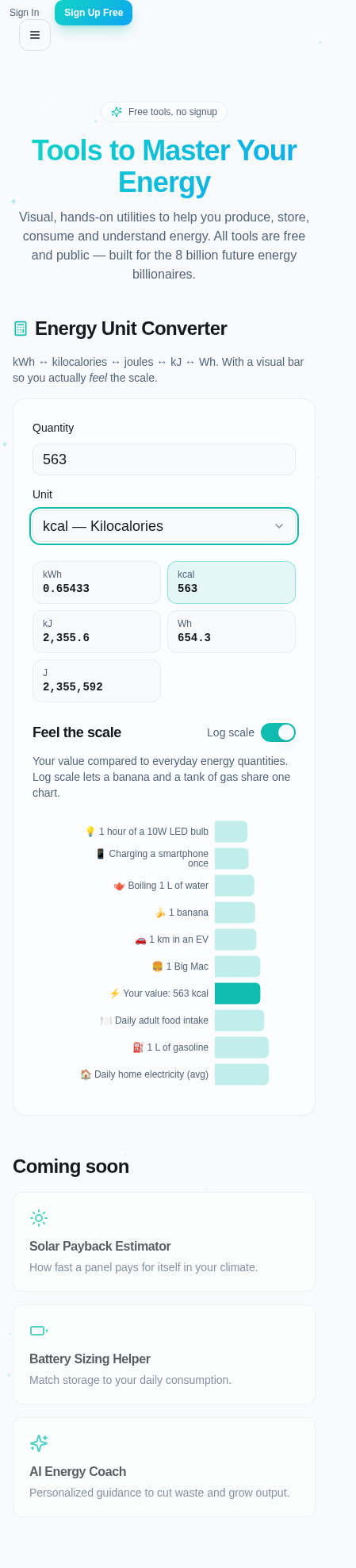 Energy Unit Converter on mobile, highlighted user value next to everyday references