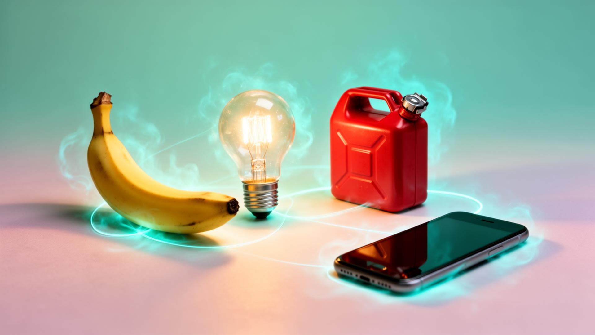 A banana, a glowing lightbulb, a gasoline canister and a smartphone, all sharing the same teal energy aura