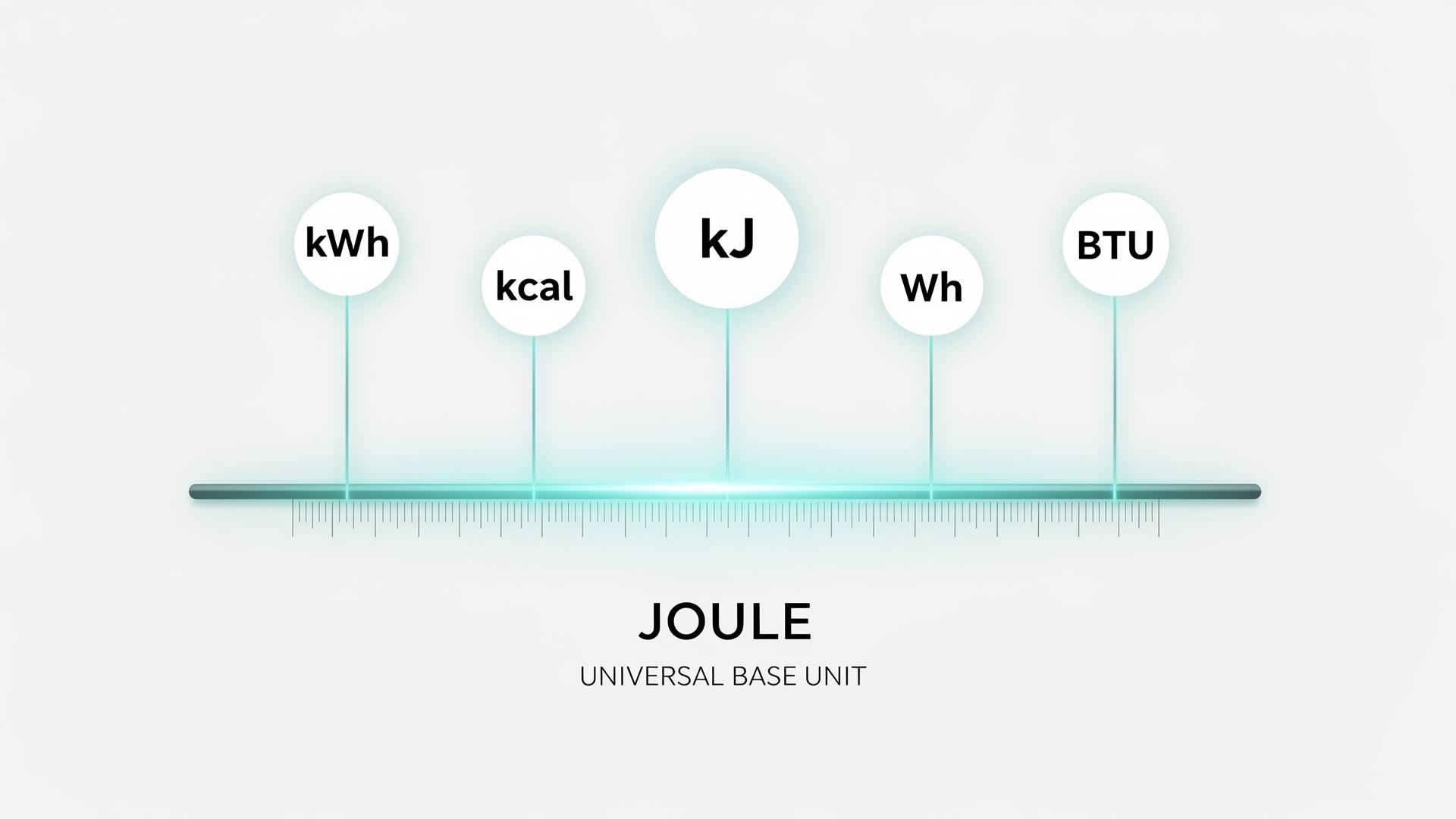 A stylized ruler showing JOULE as the universal base, with kWh, kcal, kJ, Wh and BTU pinned to the same line